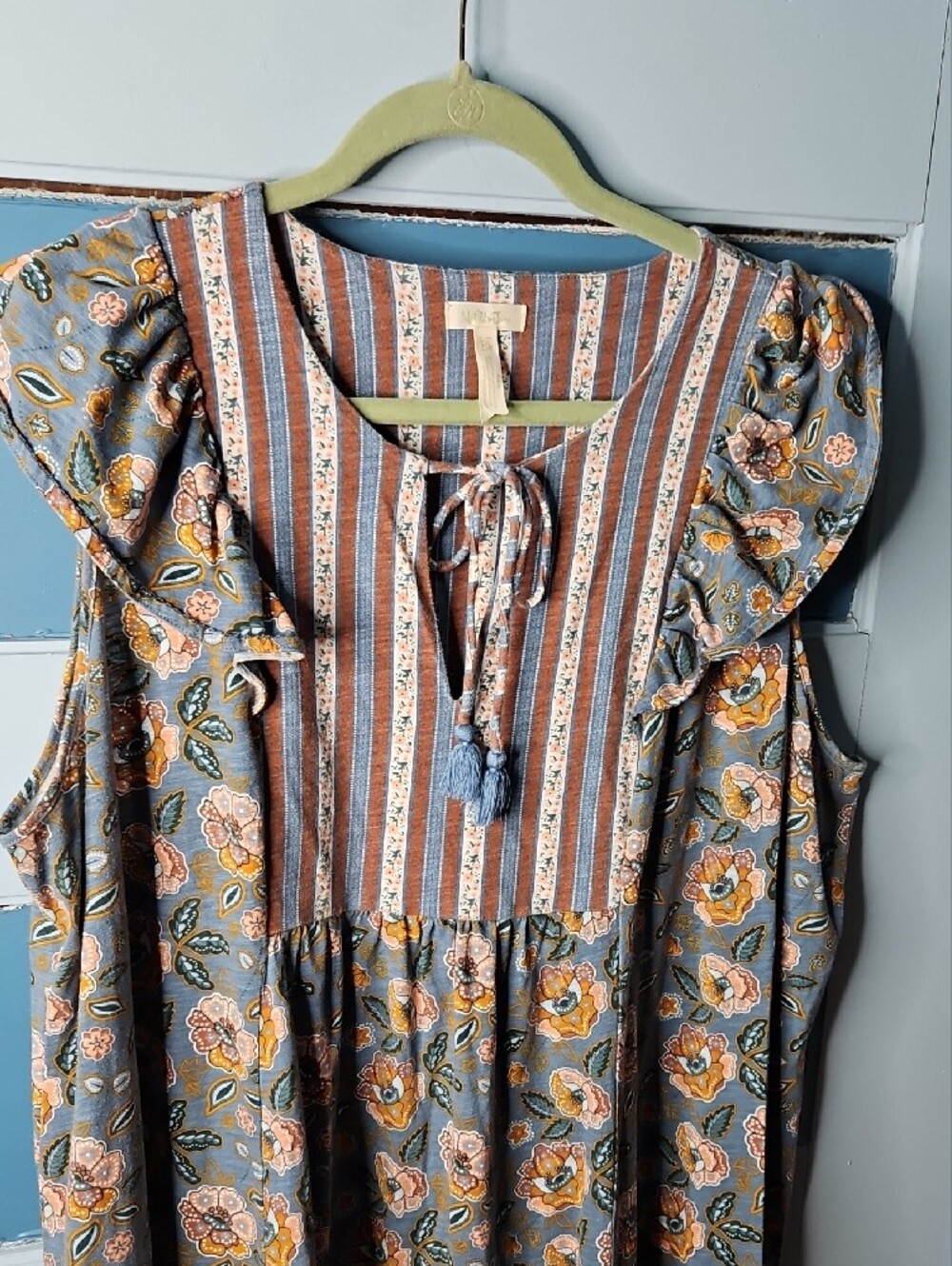 Matilda Jane Boho Floral Ruffle Sleeve Dress in Dusty Blue and Rust XXL - Picture 3 of 7